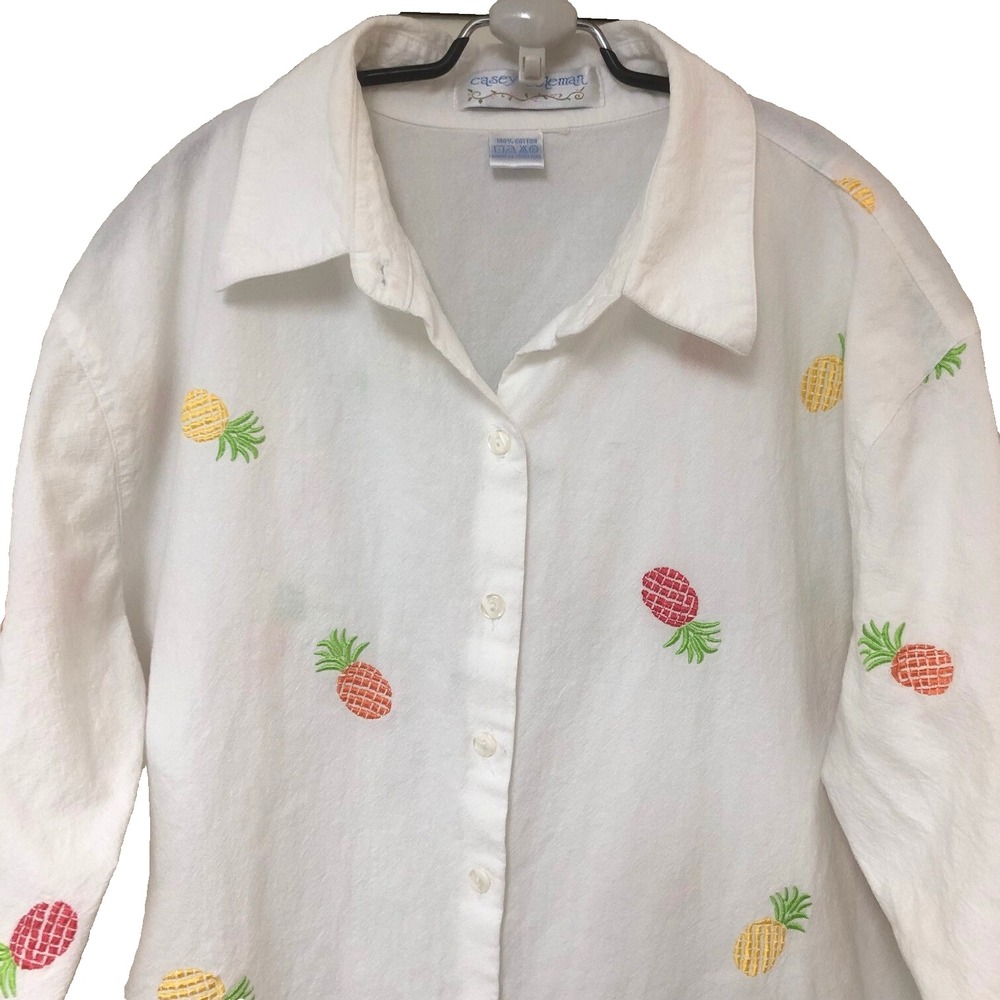 Casey Coleman Womens Blouse Embroidered Pineapple Beachy‎ Artsy Y2K Novelty L